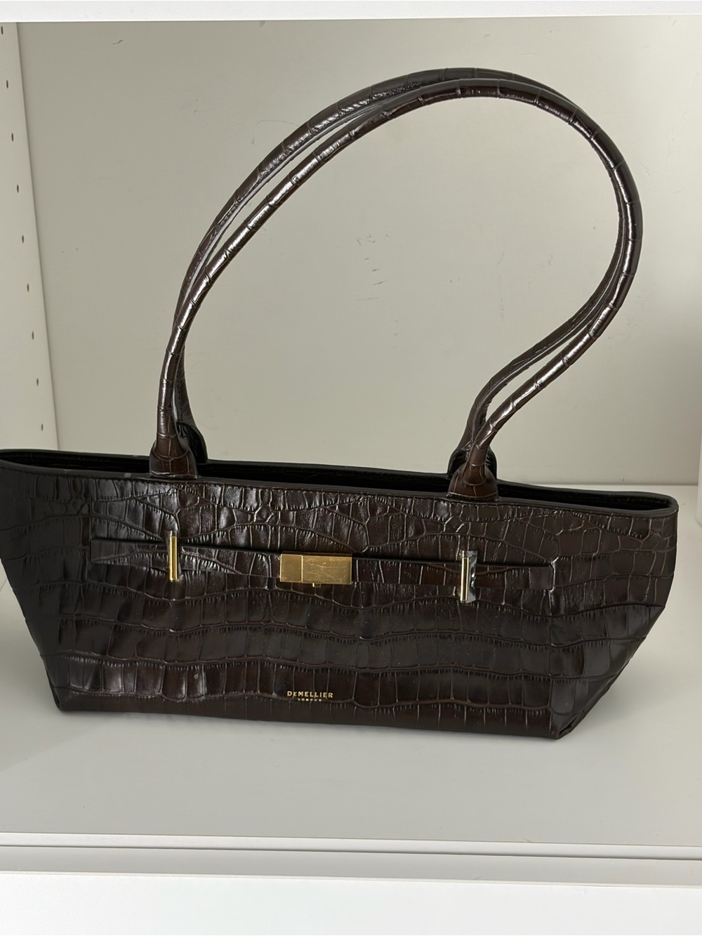 Demellier Dark Brown Croc-Embossed Shoulder Bag with Gold Hardware